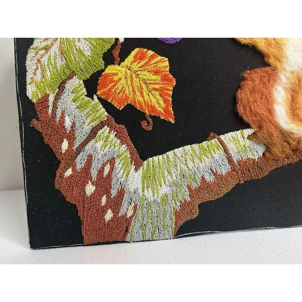 Vtg Handmade Crewel Embroidered Fall Squirrel Leaves Picture Unframed‎ Vibrant